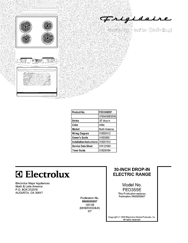 COVER Diagram and Parts List for FED355ESF  Frigidaire Range