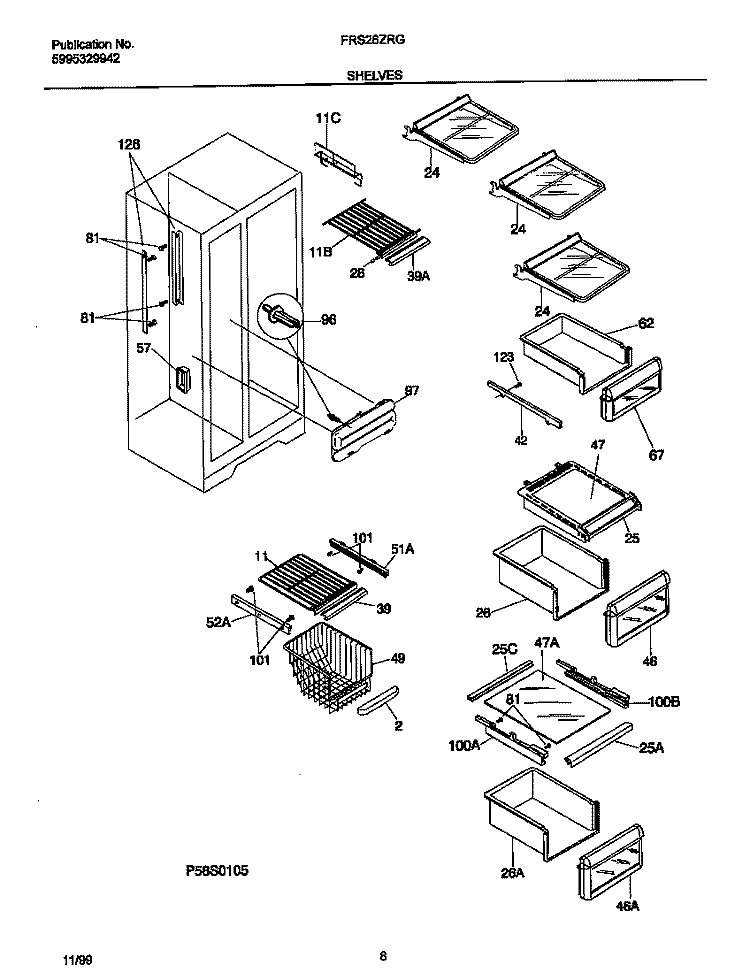 SHELVES Diagram and Parts List for FRS26ZRGB9  Frigidaire Refrigerator