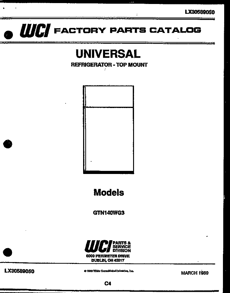 COVER Diagram and Parts List for GTN140WGD3  Frigidaire Refrigerator