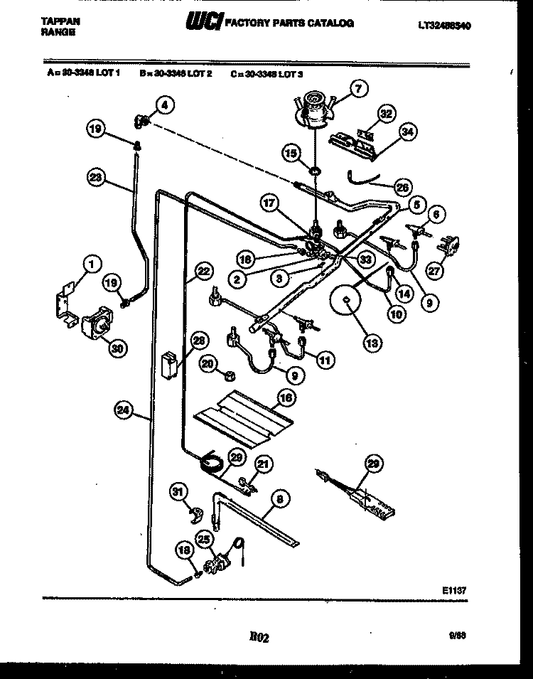 BURNER, MANIFOLD AND GAS CONTROL Diagram and Parts List for 30-3348-00-02  Tappan Range