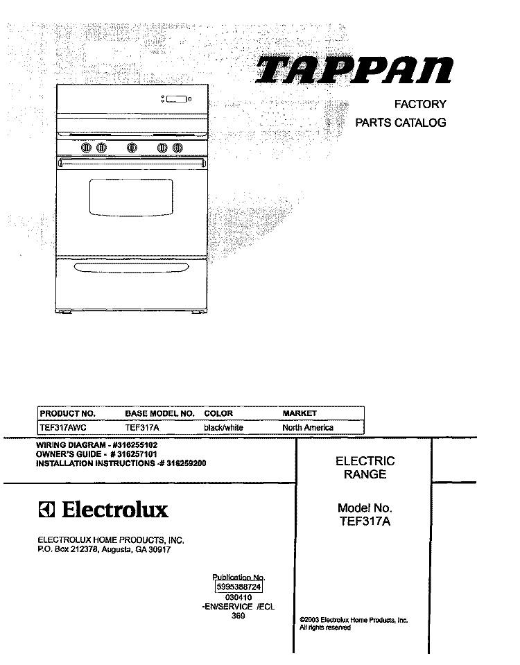 COVER Diagram and Parts List for TEF317AWC  Tappan Range