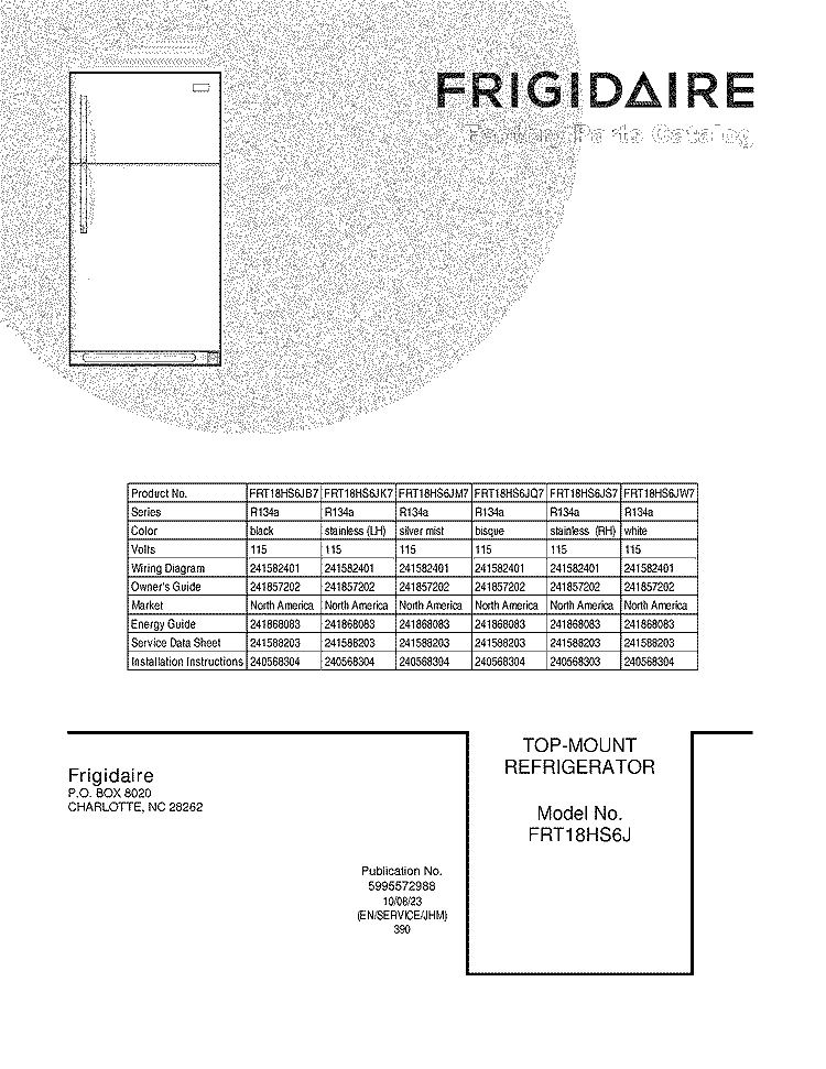 COVER Diagram and Parts List for FRT18HS6JM7  Frigidaire Refrigerator