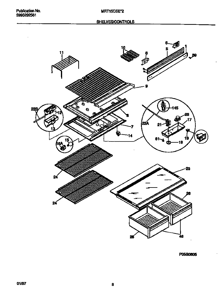 SHELVES / CONTROLS Diagram and Parts List for MRT15CSEW2  Frigidaire Refrigerator
