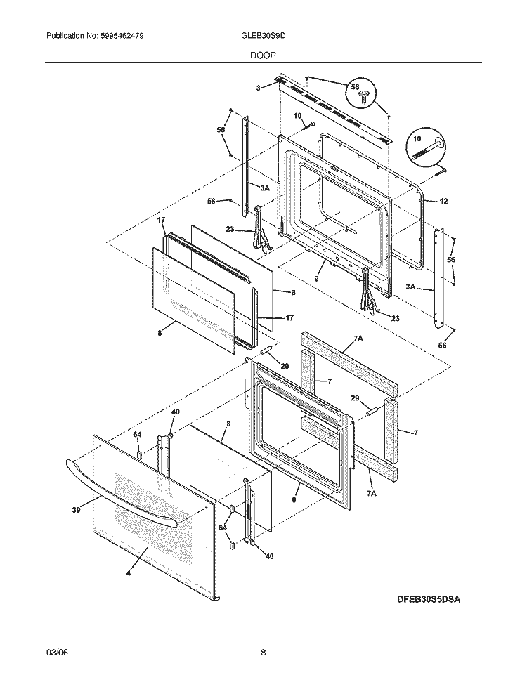 DOOR Diagram and Parts List for GLEB30S9DQD  Frigidaire Wall Oven