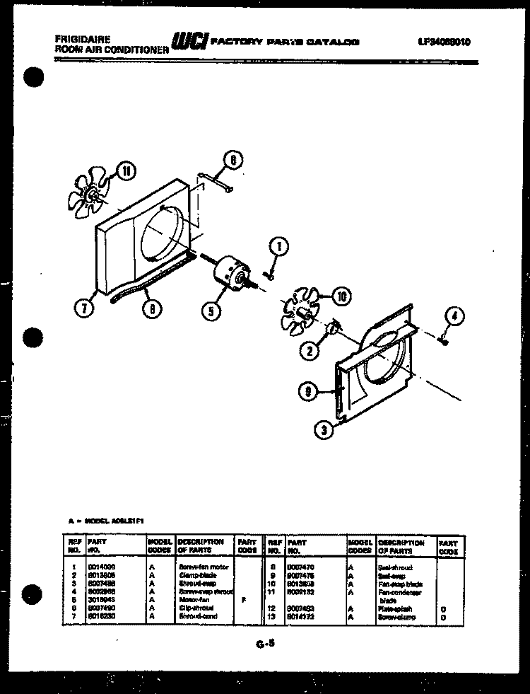 AIR HANDLING PARTS Diagram and Parts List for A05LS1F1  Frigidaire Air Conditioner