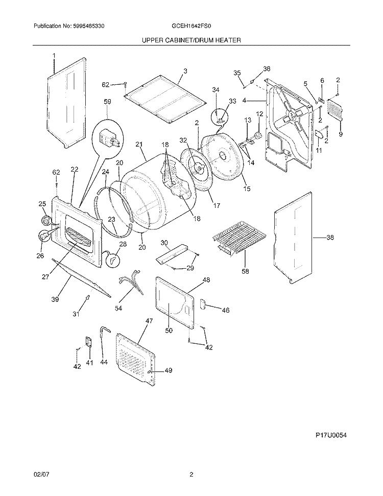 UPPER CABINET / DRUM HEATER Diagram and Parts List for GCEH1642FS0  Frigidaire Washer Dryer Combo