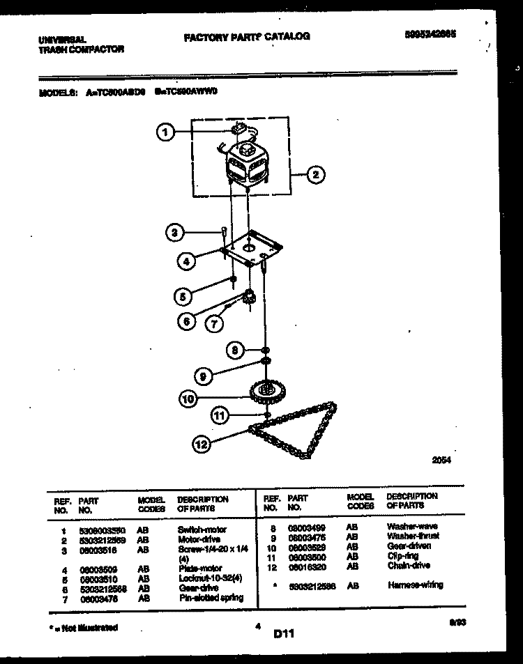 MOTOR AND DRIVE PARTS Diagram and Parts List for TC500AWW0  Frigidaire Trash Compactor