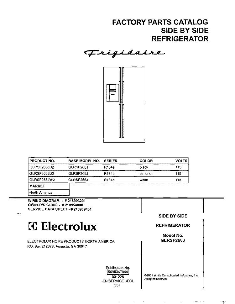 COVER Diagram and Parts List for GLRSF266JW2  Frigidaire Refrigerator