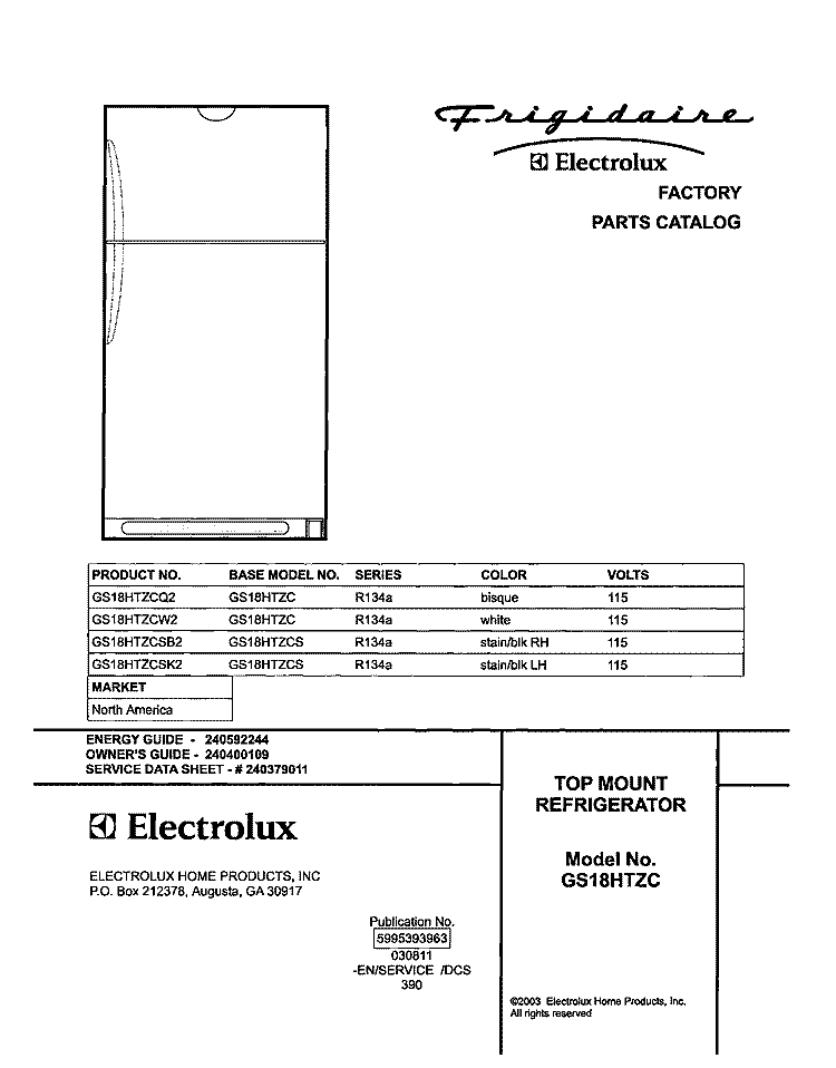 COVER Diagram and Parts List for GS18HTZCSB2  Frigidaire Refrigerator