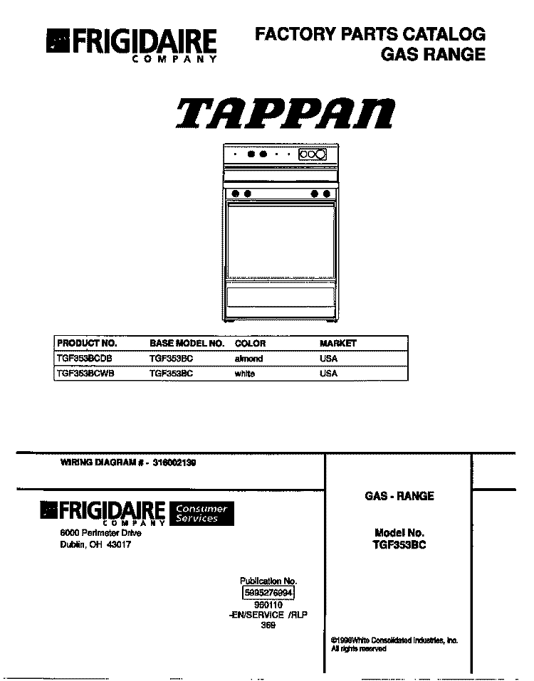 COVER Diagram and Parts List for TGF353BCWB  Tappan Range