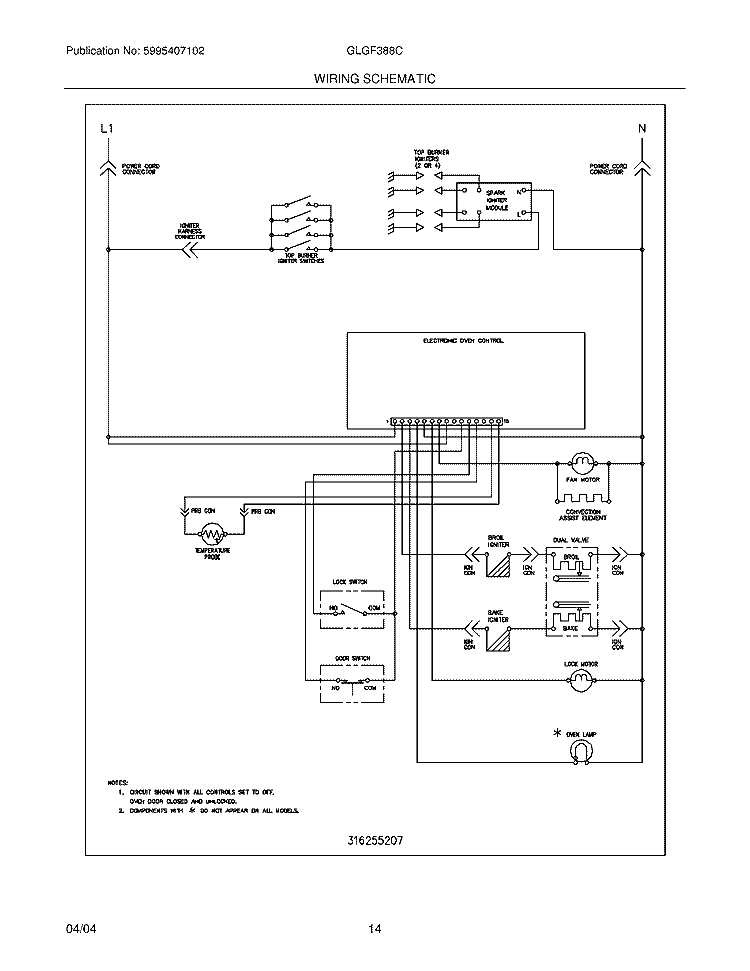 WIRING SCHEMATIC Diagram and Parts List for GLGF388CQD  Frigidaire Range