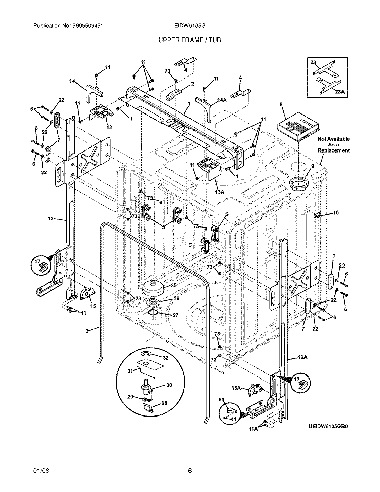 UPPER FRAME / TUB Diagram and Parts List for EIDW6105GW0  Electrolux Dishwasher