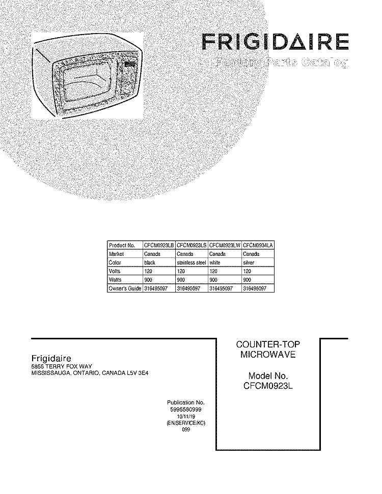 COVER Diagram and Parts List for CFCM0923LB  Frigidaire Microwave