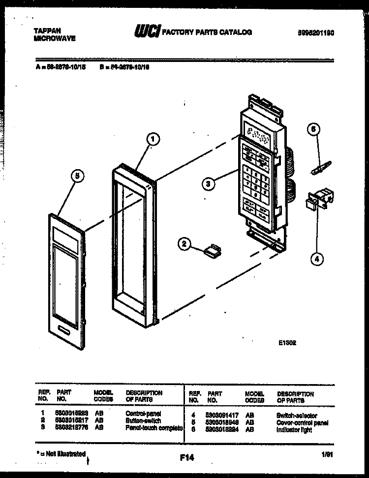 CONTROL PANEL Diagram and Parts List for 56-2678-10-16  Tappan Microwave