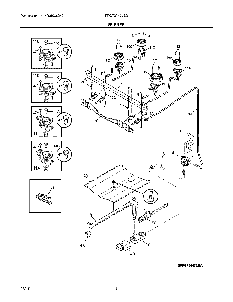 BURNER Diagram and Parts List for FFGF3047LSB  Frigidaire Range