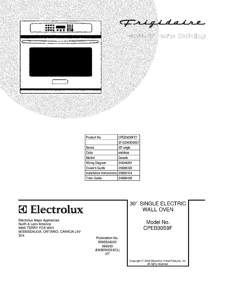 COVER Diagram and Parts List for CPEB30S9FC7  Frigidaire Wall Oven