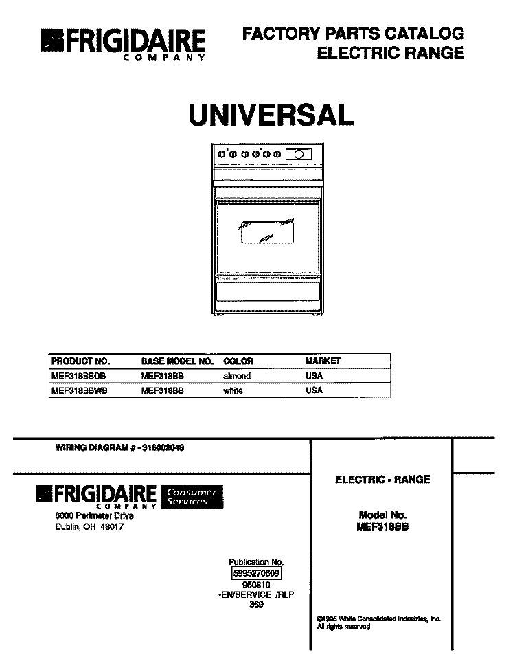 COVER Diagram and Parts List for MEF318BBDB  Frigidaire Range