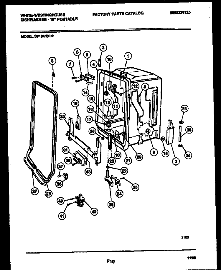 TUB AND FRAME PARTS Diagram and Parts List for SP184NXR2  Frigidaire Dishwasher