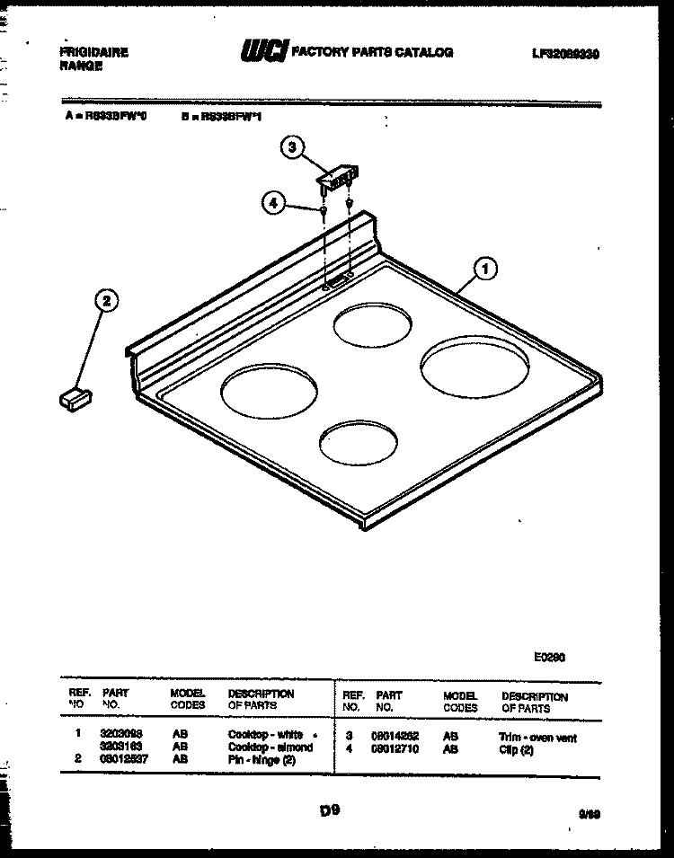COOKTOP PARTS Diagram and Parts List for RS33BFL1  Frigidaire Range
