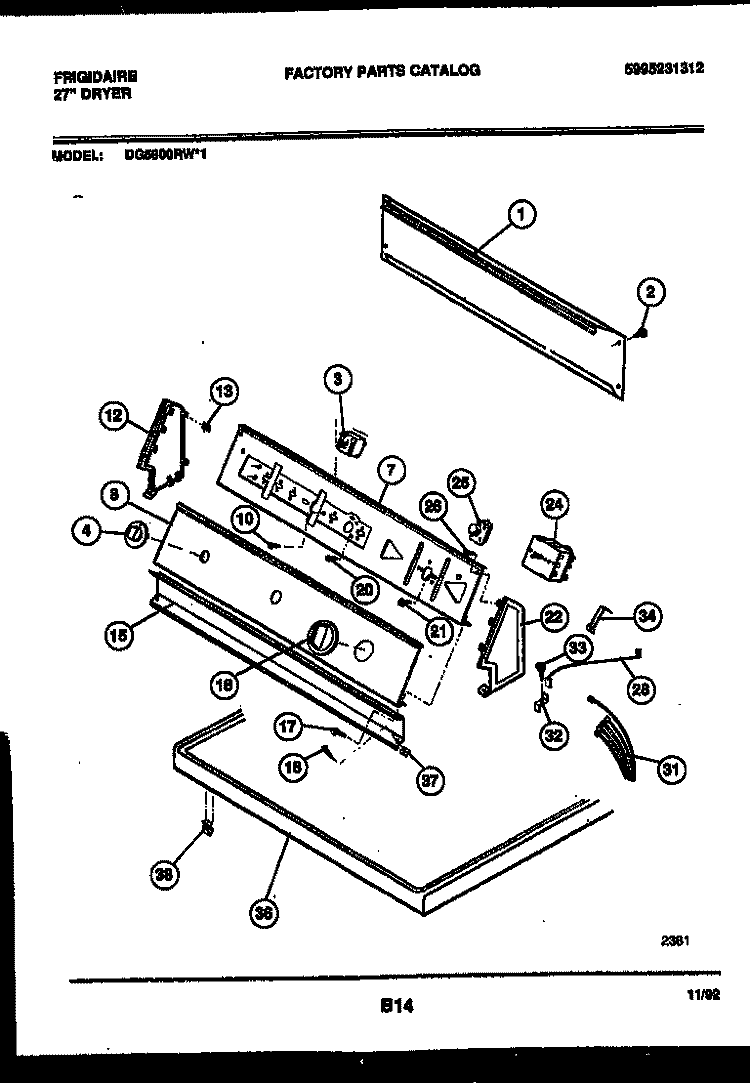 CONSOLE AND CONTROL PARTS Diagram and Parts List for DG5800RW1  Frigidaire Dryer