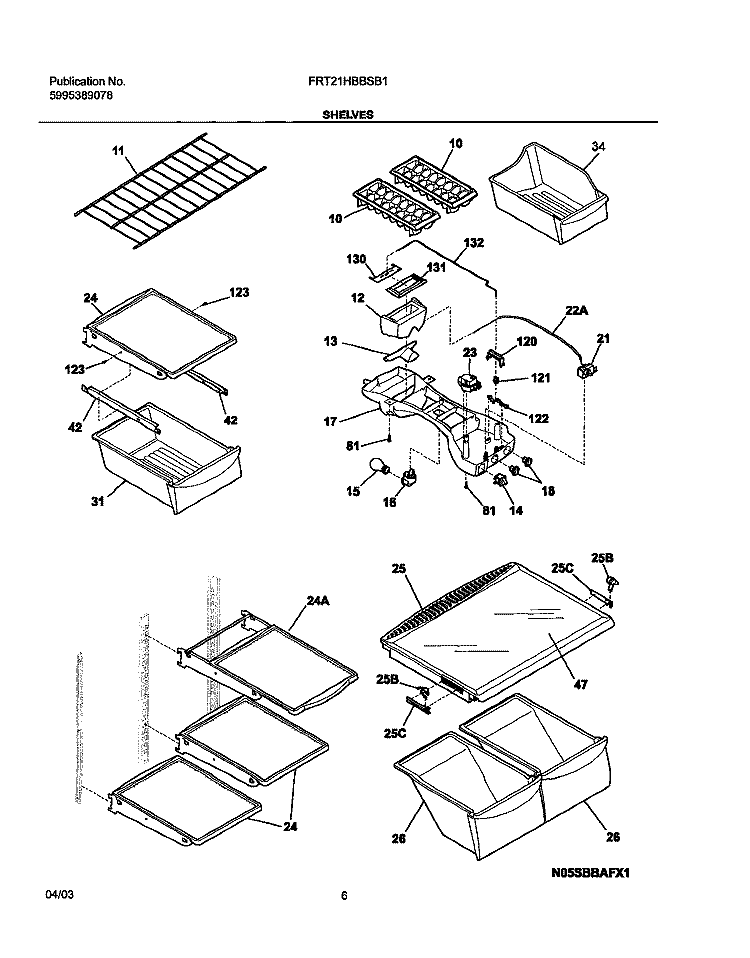SHELVES Diagram and Parts List for FRT21HBBSB1  Frigidaire Refrigerator