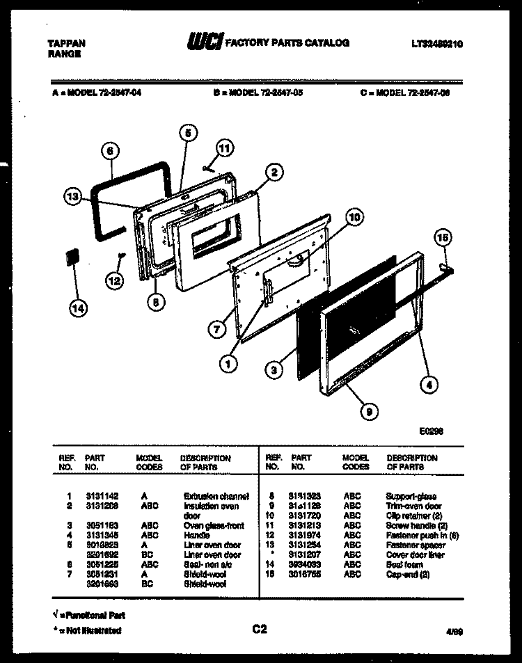 LOWER OVEN DOOR PARTS Diagram and Parts List for 72-2547-66-04  Tappan Range