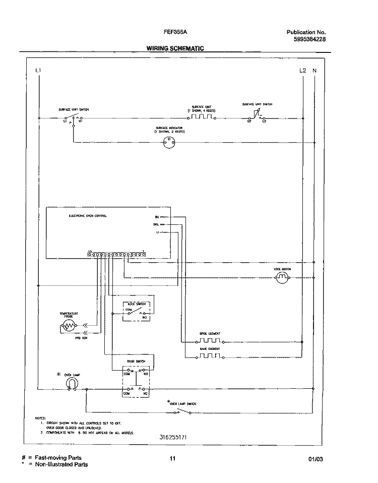 WIRING SCHEMATIC Diagram and Parts List for FEF355AWF  Frigidaire Range