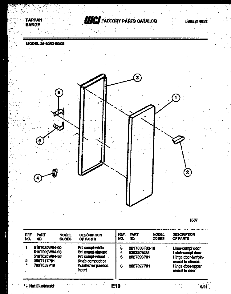 PANEL COMPARTMENT Diagram and Parts List for 36-3052-66-09  Tappan Range