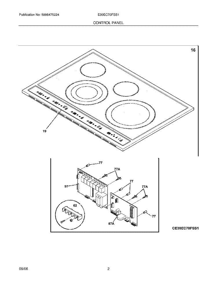 CONTROLS Diagram and Parts List for E30EC70FSS1  Electrolux Cooktop