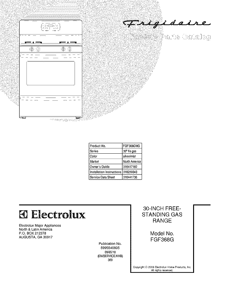 COVER Diagram and Parts List for FGF368GMG  Frigidaire Range