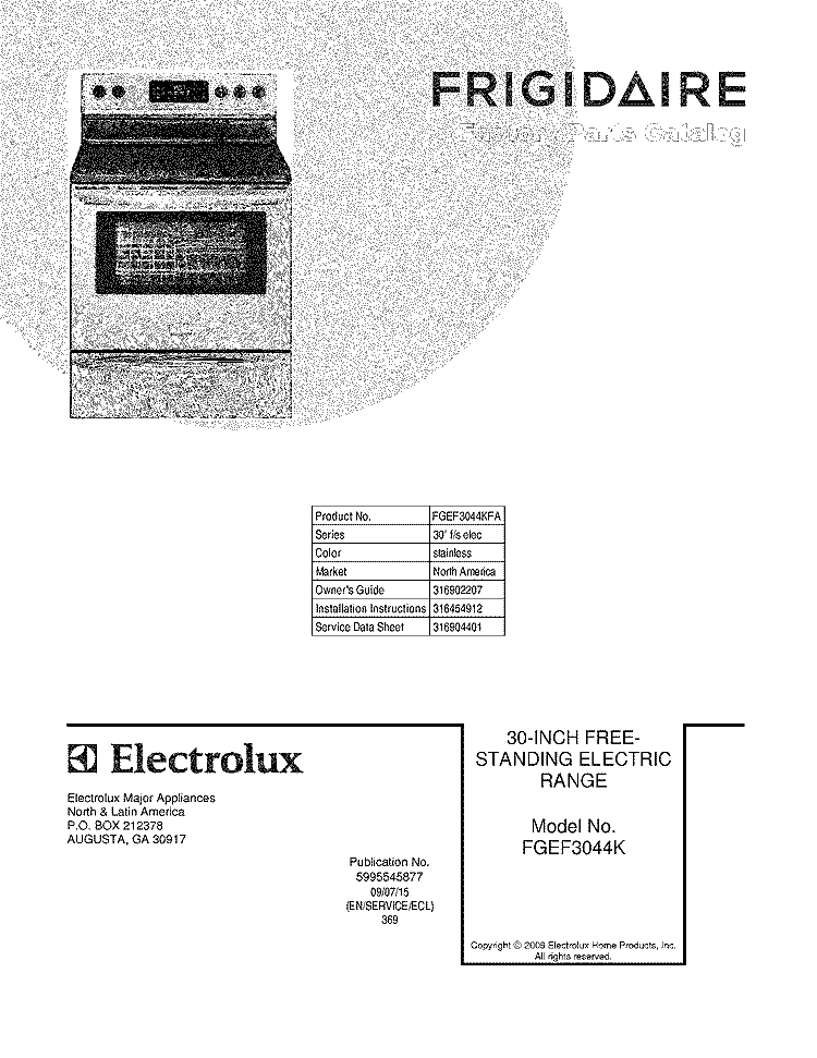 COVER Diagram and Parts List for FGEF3044KFA  Frigidaire Range