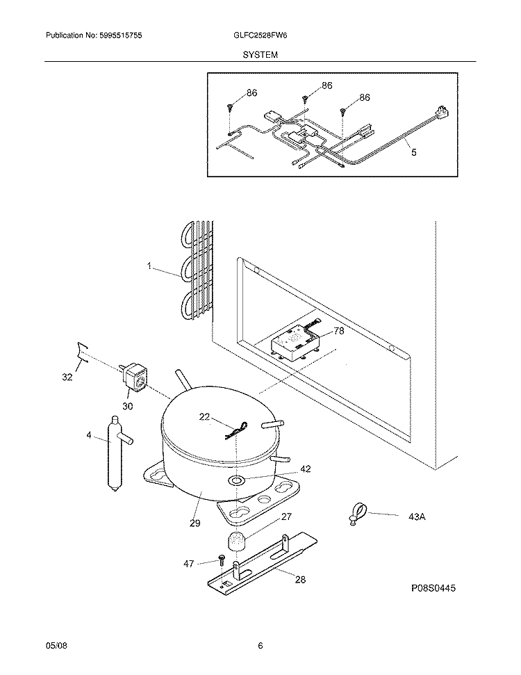 SYSTEM Diagram and Parts List for GLFC2528FW6  Frigidaire Freezer