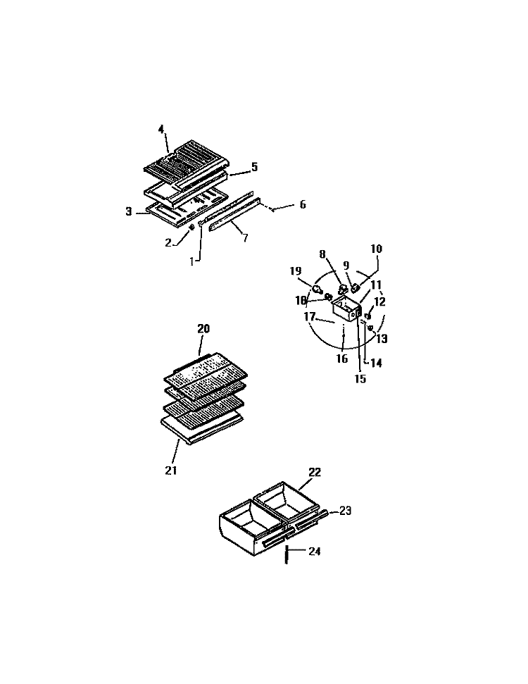 SHELVES, CONTROLS, DIVIDER, MULLION Diagram and Parts List for TPK180BNOW  Kelvinator Refrigerator