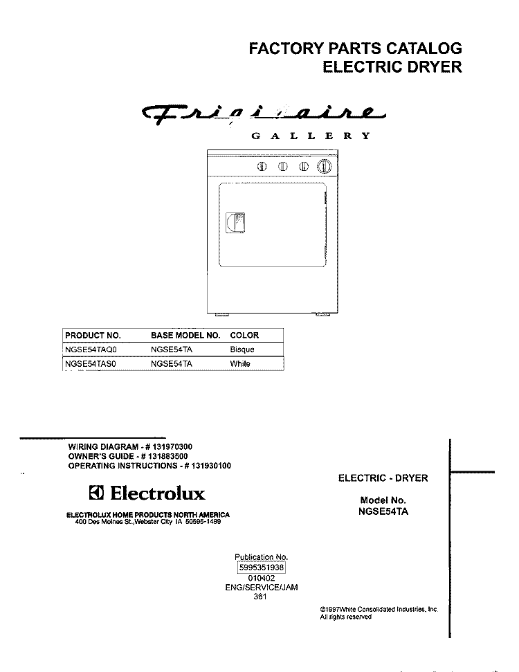 COVER Diagram and Parts List for NGSE54TAQ0  Frigidaire Dryer
