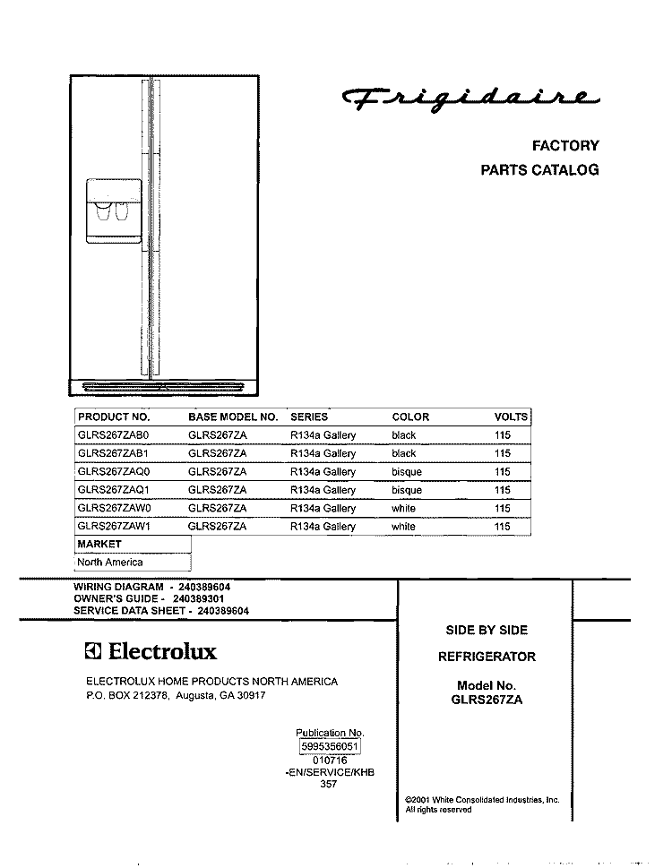 COVER Diagram and Parts List for GLRS267ZAB1  Frigidaire Refrigerator