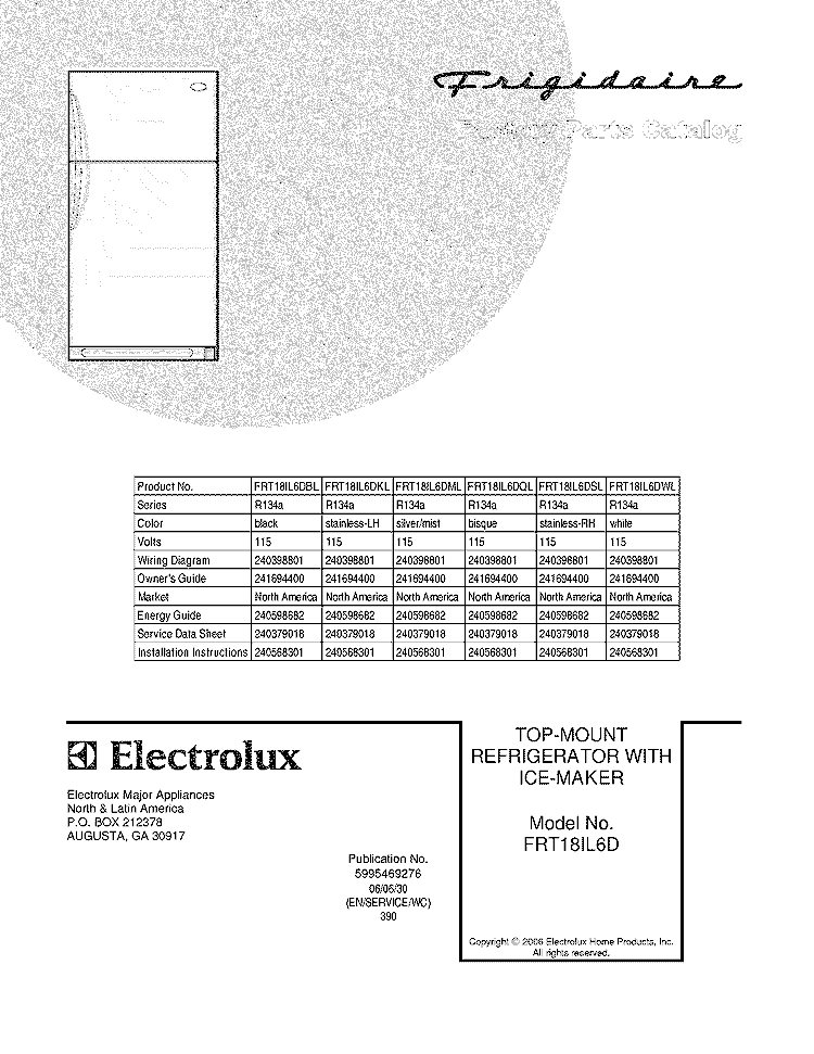 COVER Diagram and Parts List for FRT18IL6DBL  Frigidaire Refrigerator