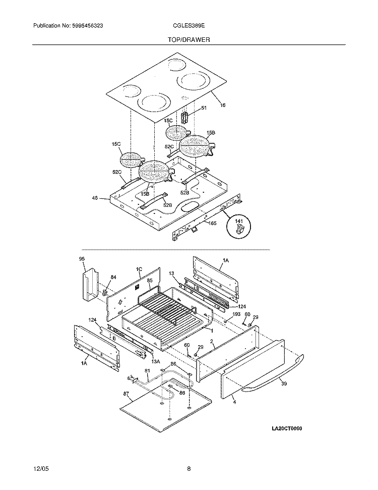 TOP / DRAWER Diagram and Parts List for CGLES389ES2  Frigidaire Range