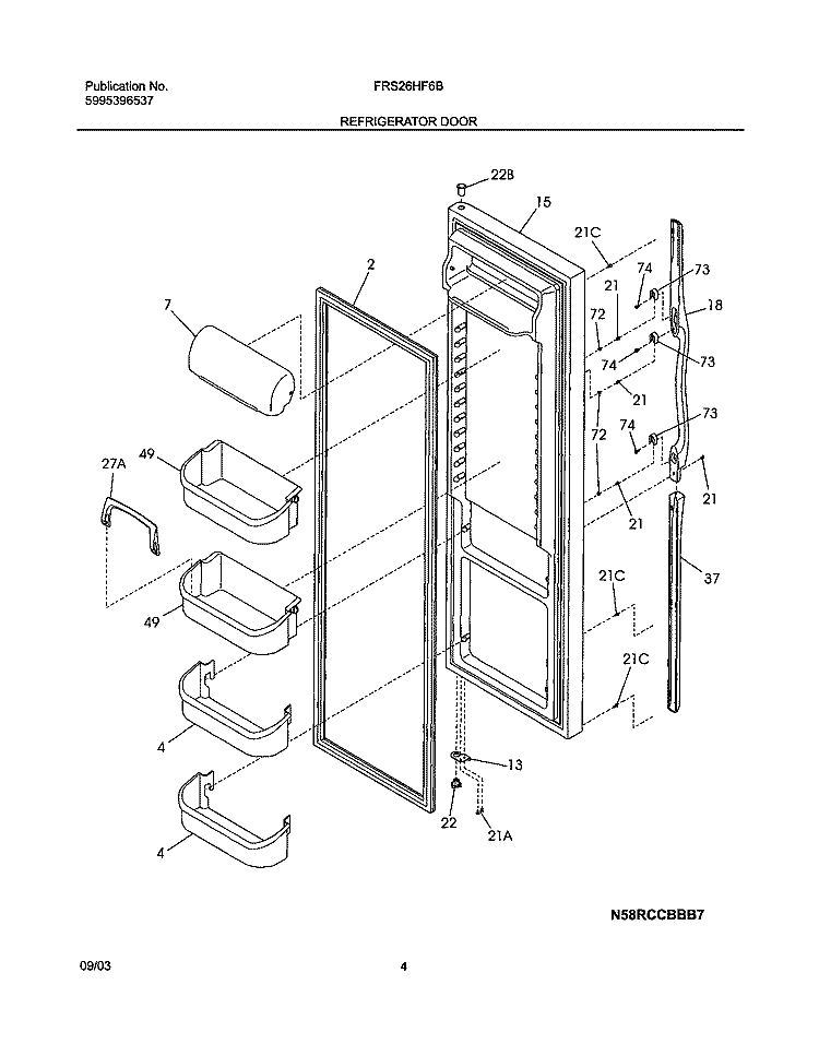 REFRIGERATOR DOOR Diagram and Parts List for FRS26HF6BQ4  Frigidaire Refrigerator
