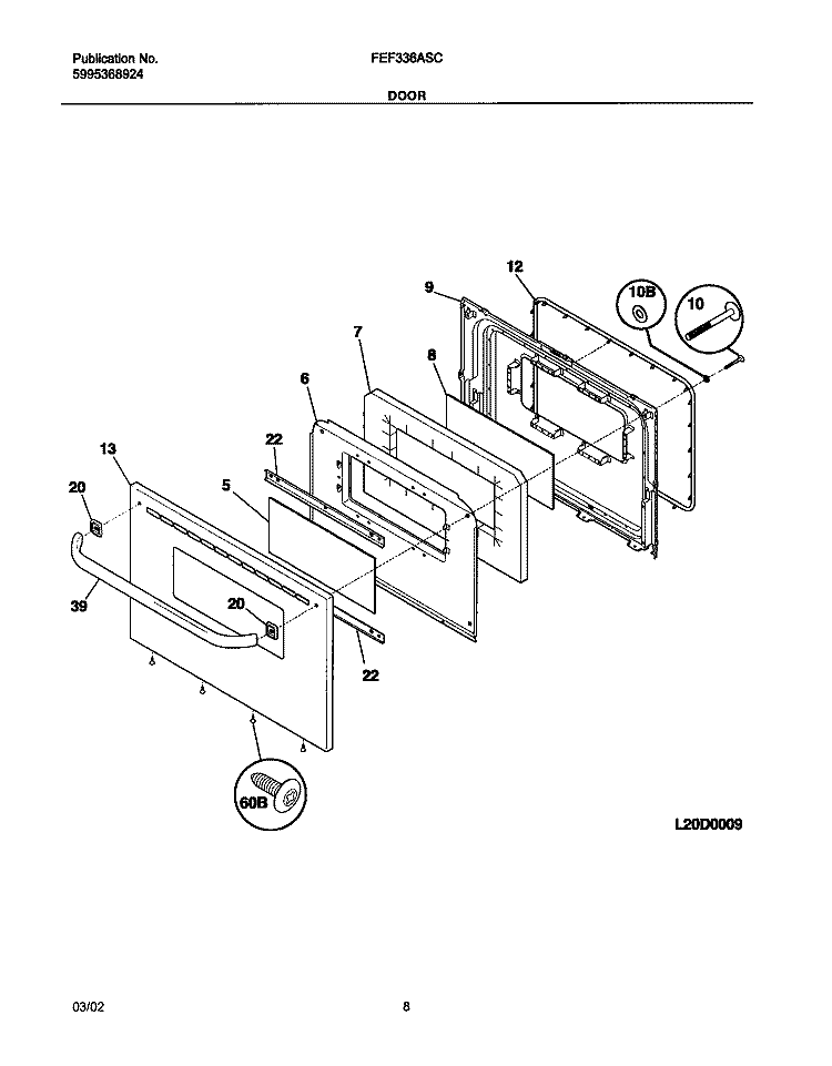 DOOR Diagram and Parts List for FEF336ASC  Frigidaire Range