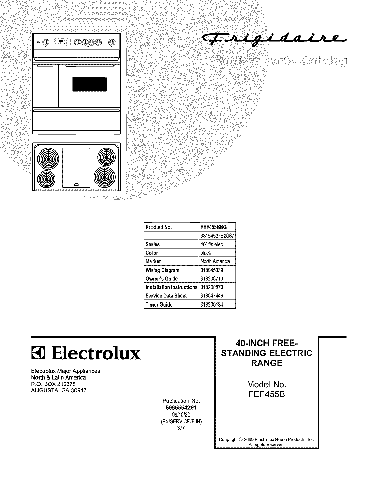 COVER Diagram and Parts List for FEF455BBG  Frigidaire Range