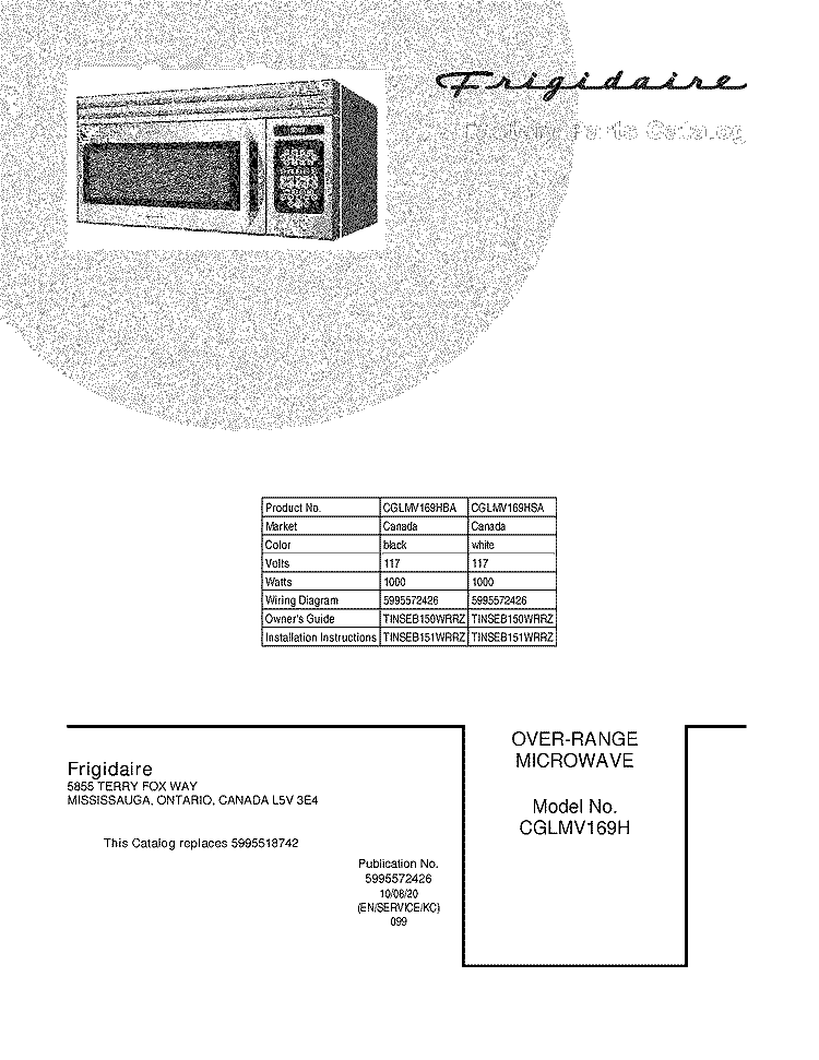 COVER Diagram and Parts List for CGLMV169HBA  Frigidaire Microwave