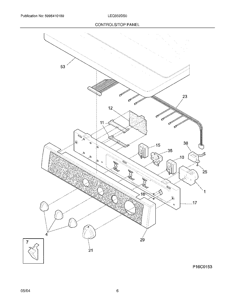CONTROLS / TOP PANEL Diagram and Parts List for LEQ332DS0  Frigidaire Dryer