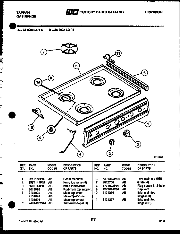 COOKTOP PARTS Diagram and Parts List for 36-3032-23-06  Tappan Range