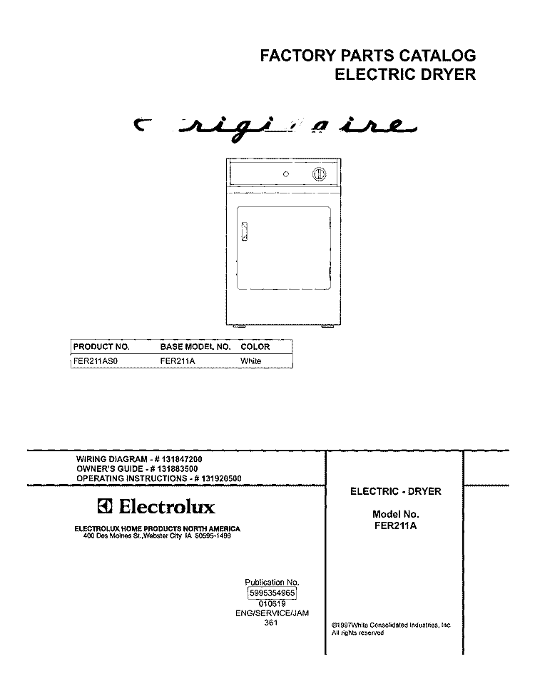 COVER Diagram and Parts List for FER211AS0  Frigidaire Dryer
