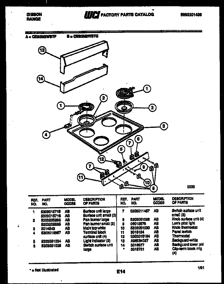 BACKGUARD AND COOKTOP PARTS Diagram and Parts List for CEB3M2WSTG  Gibson Range