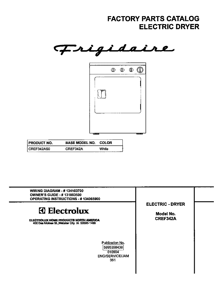 COVER Diagram and Parts List for CREF342AS0  Frigidaire Dryer