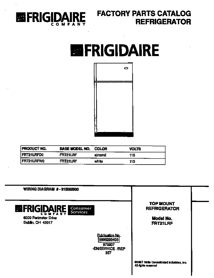 COVER Diagram and Parts List for FRT21LRFD0  Frigidaire Refrigerator