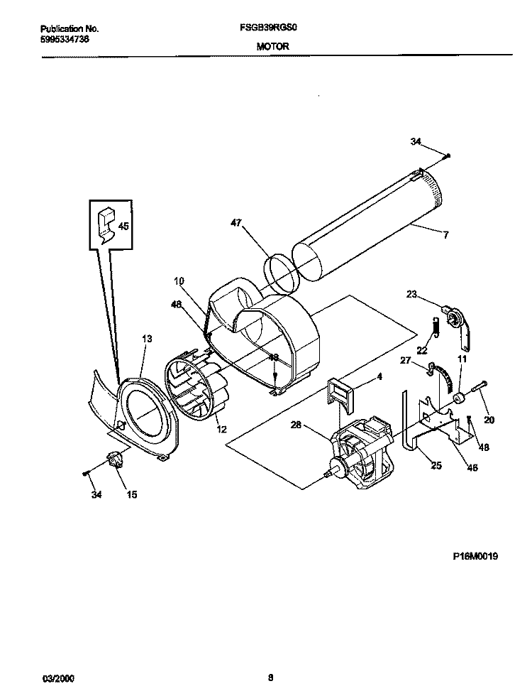 P16M0019 MOTOR, BLOWER Diagram and Parts List for FSGB39RGS0  Frigidaire Dryer