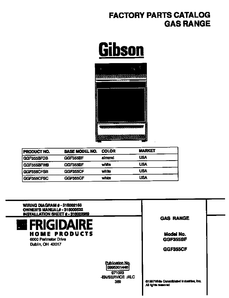 COVER Diagram and Parts List for GGF355CFSC  Gibson Range