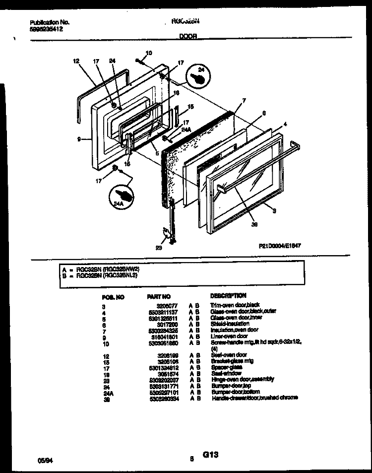 DOOR PARTS Diagram and Parts List for RGC32BNL2  Frigidaire Range